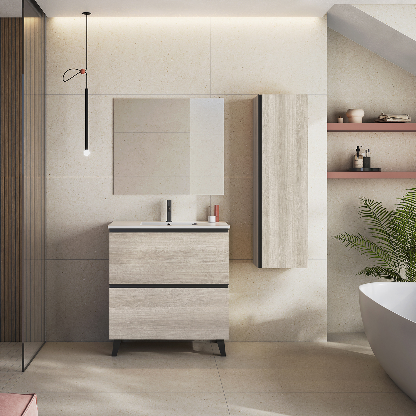 Mueble de baño de suelo de 60 cm con 3 cajones con lavabo integrado color  ceniza Modelo Granada